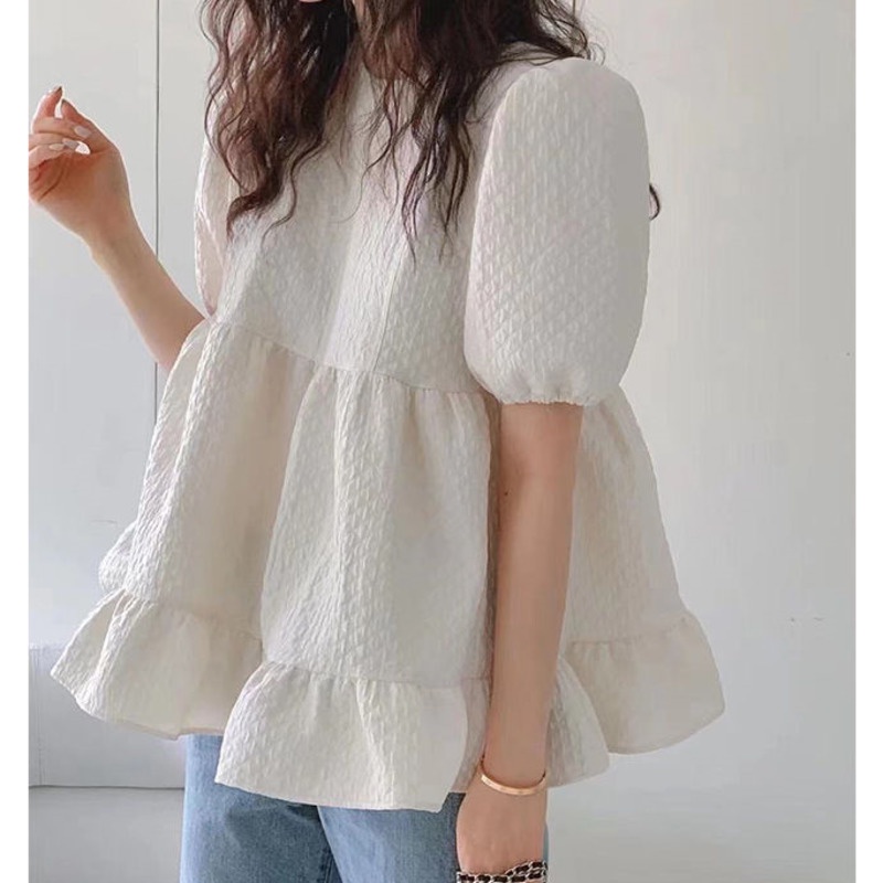 Áo kiểu nữ RENJIANVSHENG 164520 cổ tròn tay phồng dáng rộng xếp nếp thời trang phong cách phương Tây