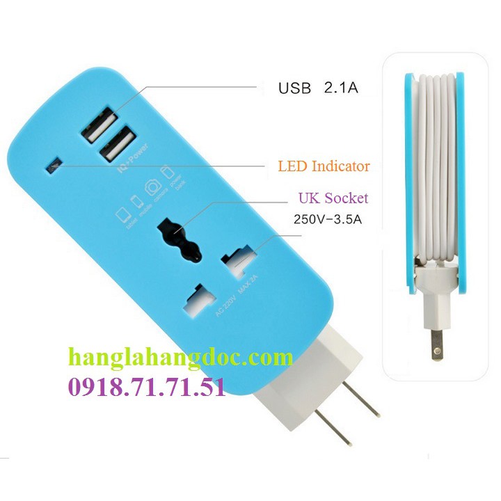 Ổ cắm du lịch 02 cổng USB, 01 ổ cắm đa năng, có dây nối dài chính hãng