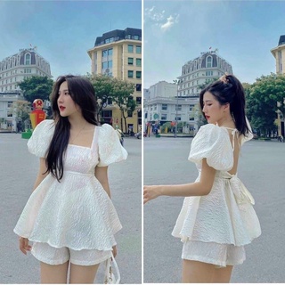 Set áo gấm trắng hở lưng tay phồng +short 💖KÈM ẢNH THẬT