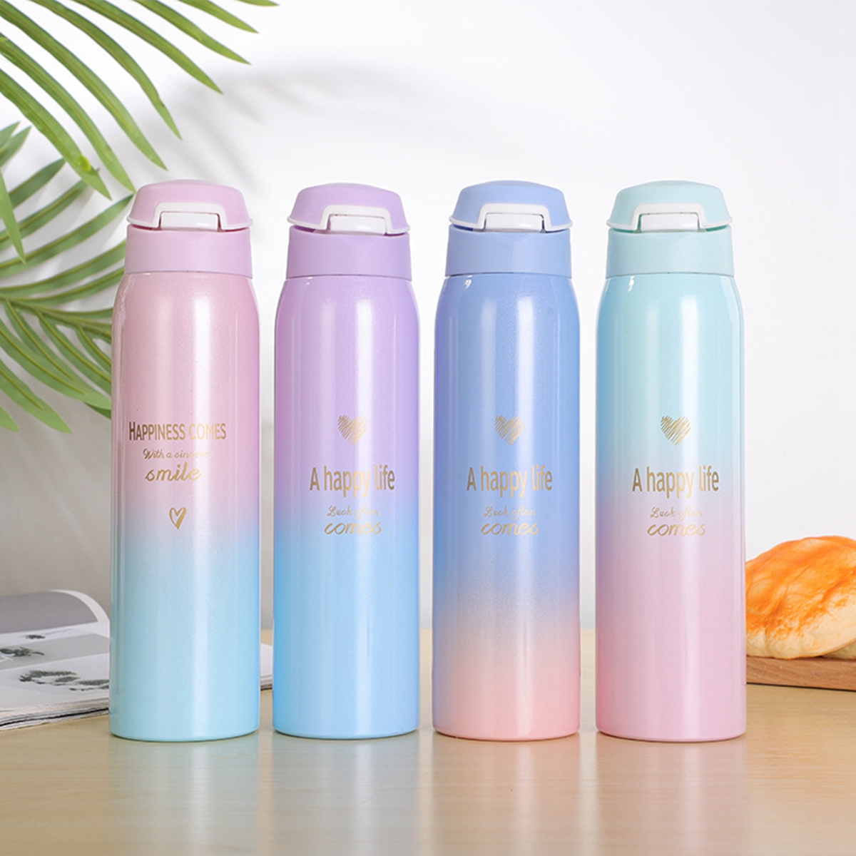 ALISON 480ml Thermos Cup Tea Milk Coffee Travel Tumbler Vacuum Flask Gradient Color with Straw Stainless Steel Colorful Mug Insulated Water Bottle/Multicolor