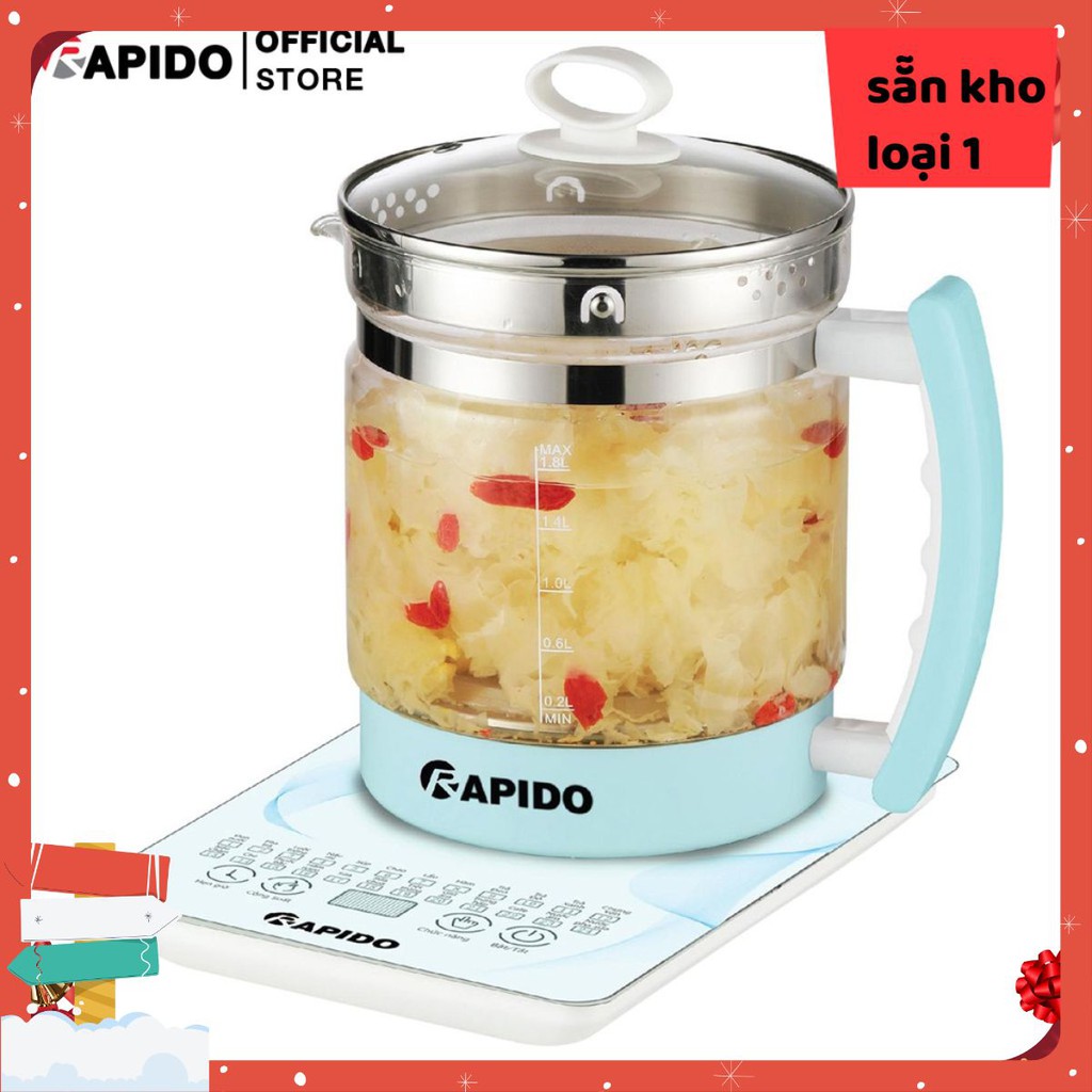 BÁN SỈ/ _ Ấm điện đa năng Rapido 1.8L - 24 chức năng nấu, chế độ hẹn giờ, thủy tinh chống sốc nhiệt (Hàng chính hãng)
