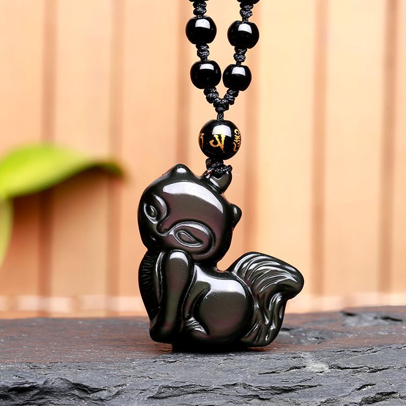 Mặt Dây Chuyền Gắn Điện Thoại Di Động Hình Cáo Bằng Đá Obsidian Màu Cầu Vồng Tự Nhiên