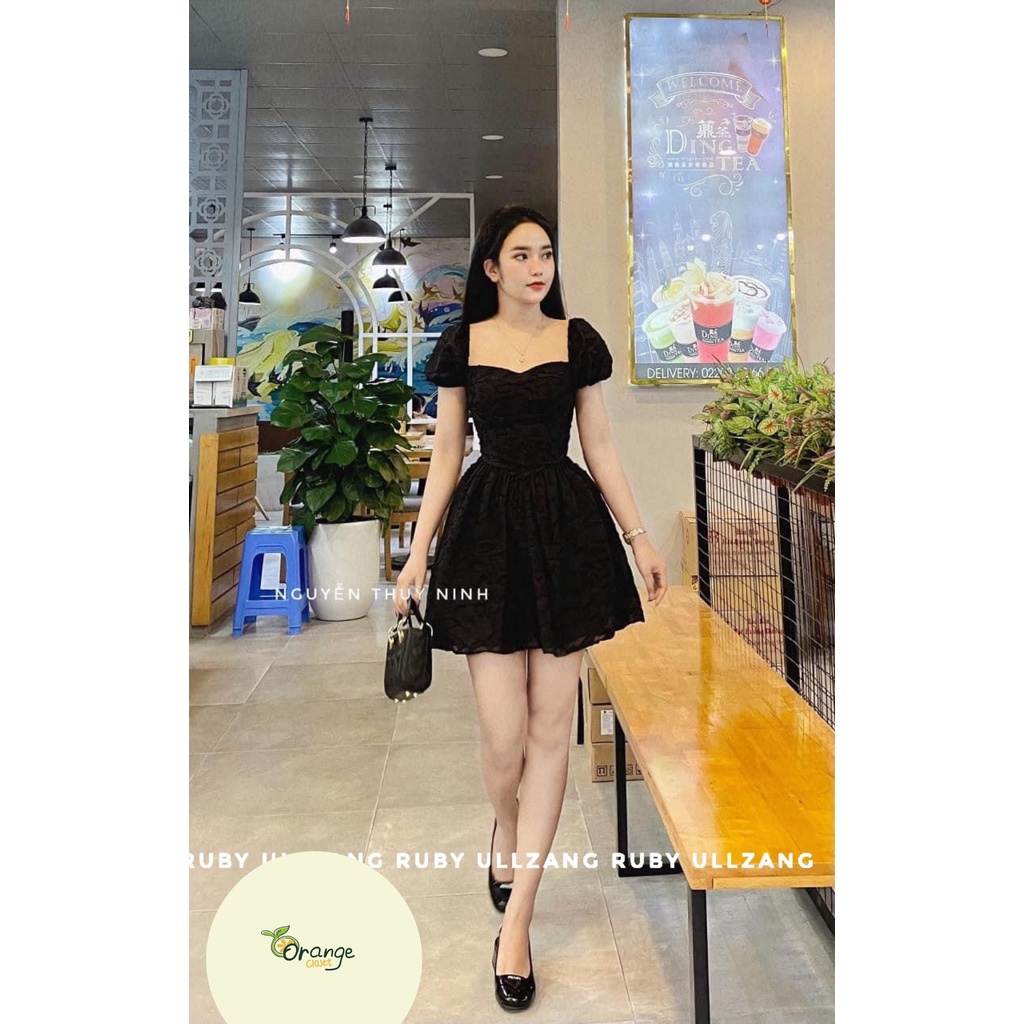Đầm babydoll tiểu thư cổ vuông dáng xòe chất von hoa nổi dễ thương có size đầm kiểu xòe công chúa Orange Closet D1146