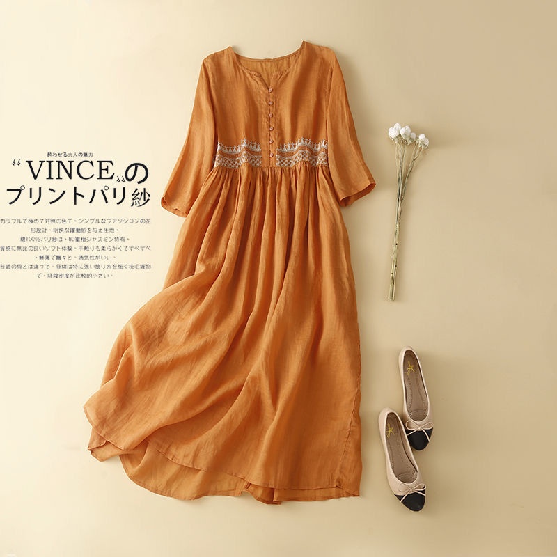 Đầm Tay Ngắn Cổ Tròn Chất Liệu Cotton Lanh Thêu Họa Tiết Xinh Xắn Thời Trang Cho Nữ