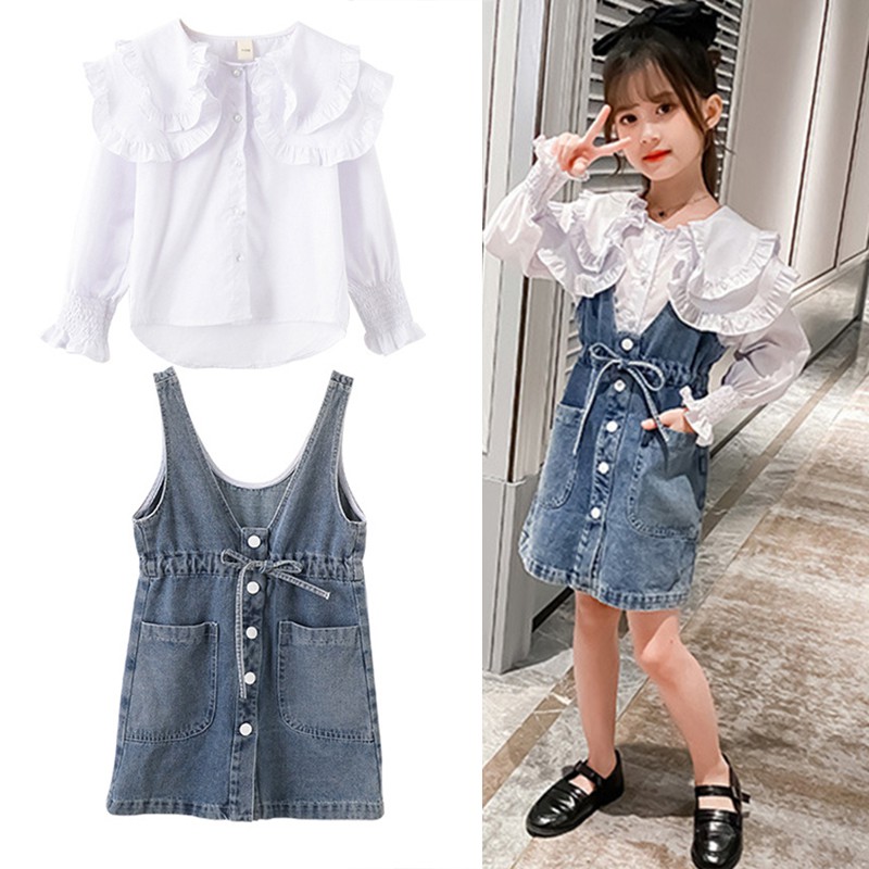 Đầm denim bé gái mùa thu thời trang váy dây thắt eo chân ôm