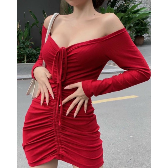 Đầm body đầm ôm tay dài rút dây trễ vai sang chảnh quyến rũ Đ24 (Giá sỉ) Lissa