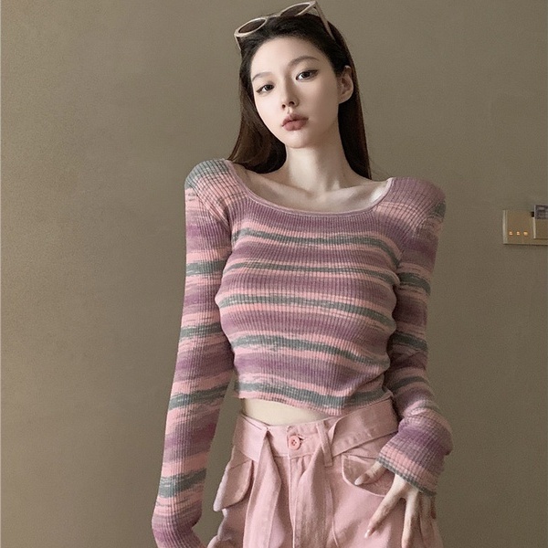 Áo Dệt Kim Tay Dài Trễ Vai Eo Cao Thời Trang Quyến Rũ Cho Nữ