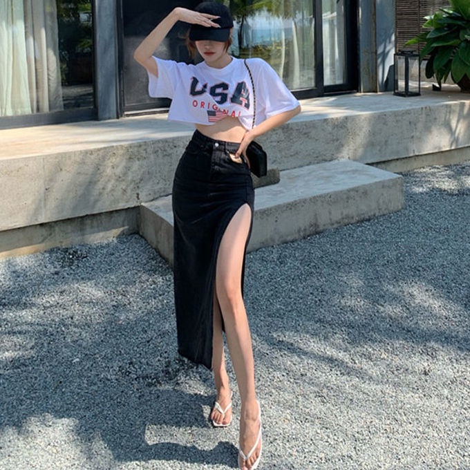 Set Áo Thun Ngắn Tay Và Chân váy jean Xẻ Tà Thời Trang Dành Cho Nữ
