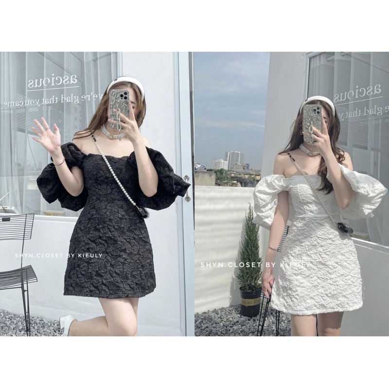 Đầm trễ vai dự tiệc hoa gấm xinh xắn. Váy hở vai trắng đen.Shyncloetset