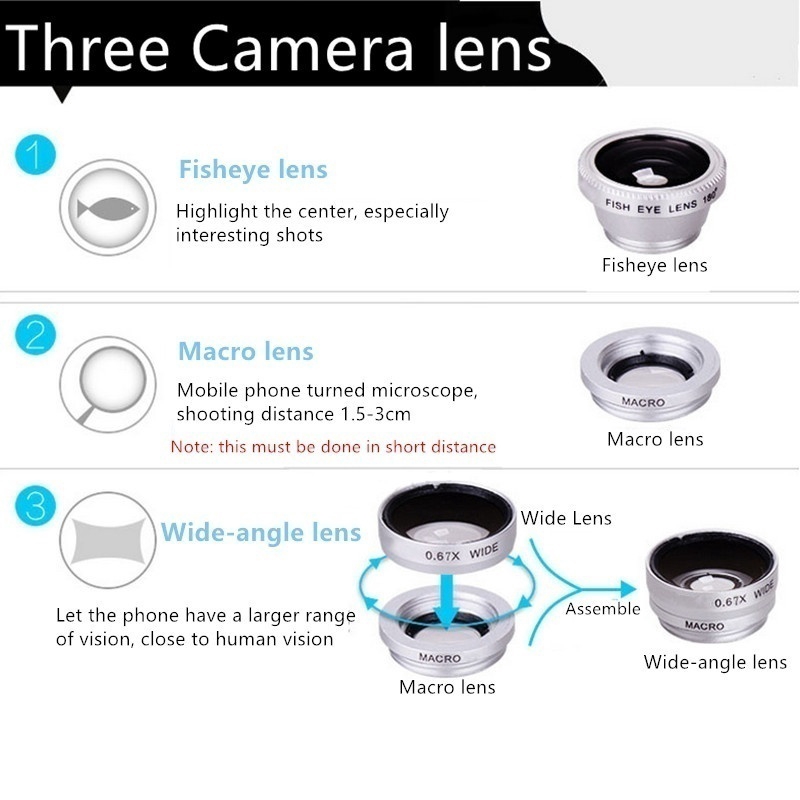 Bộ Ống Kính 3 Trong 1 Gồm Lens Fish Eye + Lens Macro & Siêu Rộng Góc Siêu Rộng Màu Đen Thông Dụng Kẹp Điện Thoại Thông Dụng