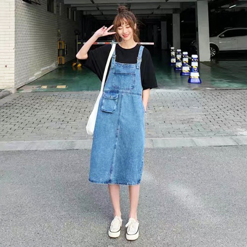 Yếm Váy Jean Nữ Chất Bò Form Dài Phối Túi Lớn Trước Ngực Mang Phong Cách Hàn Quốc 412