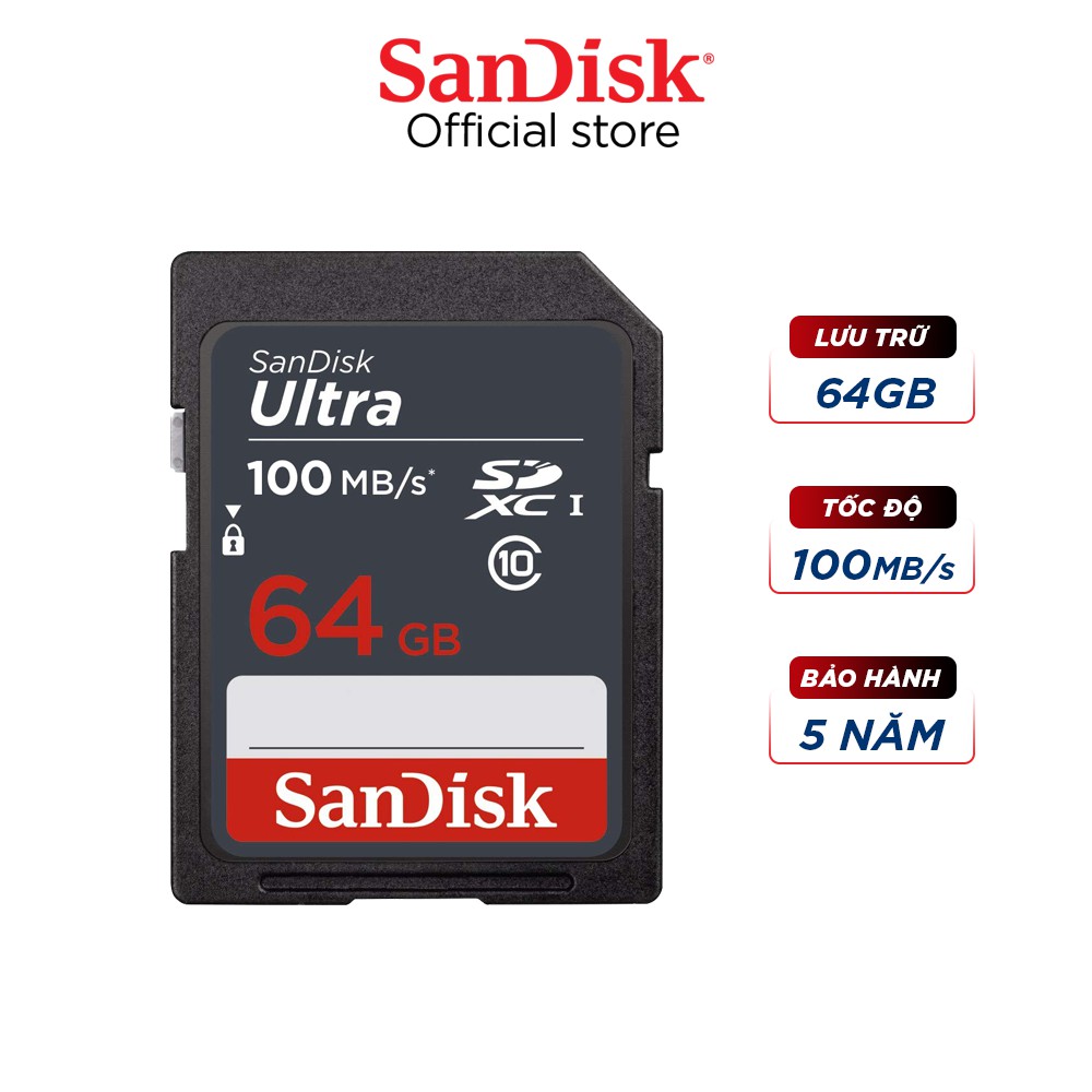 Thẻ nhớ SDXC Sandisk Ultra 64GB upto 100MB/s UHS-I (cho máy ảnh) - Hãng phân phối chính thức