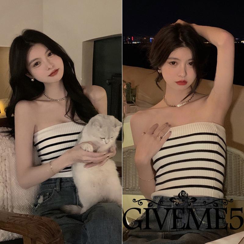 GIVEME-Women´s Sleeveless Casual Horizontal Stripes Pattern Knitted  Slim-Fit Strapless TubeTops