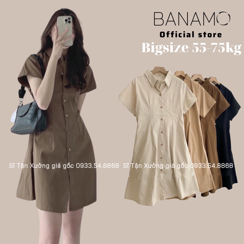 Váy sơ mi bigsize thô mềm chiết eo lưng chun phong cách Ulzzang Thời Trang Banamo Fashion sơ mi thô mềm 5915
