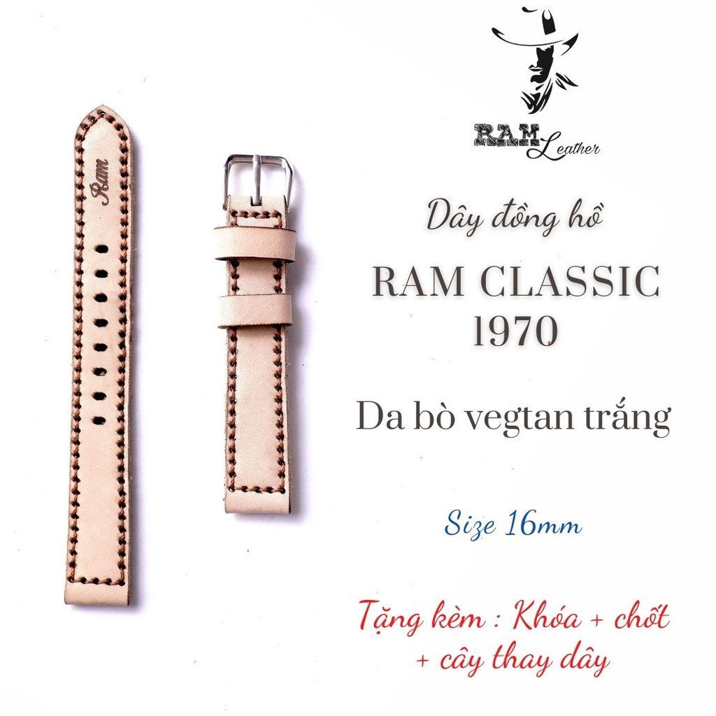 Dây đồng hồ da bò vegtan trắng 16mm - RAM Leather
