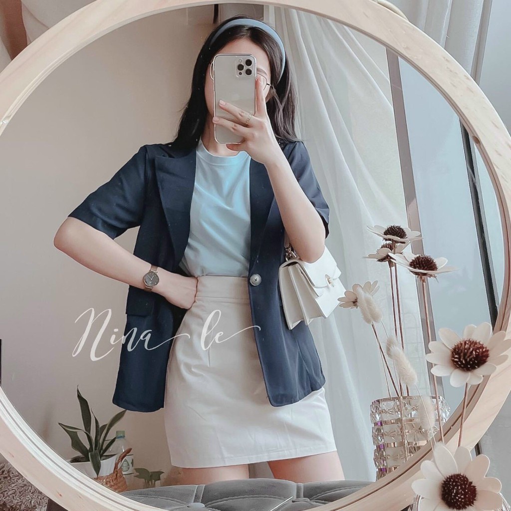 Set áo khoác vest xanh + Áo thun tay ngắn + Chân váy ôm, set đồ nữ mặc nơi công sở