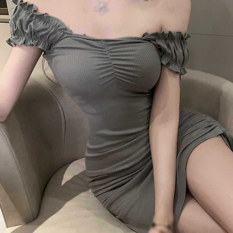 Váy trễ vai phối dây rút màu trơn thời trang phong cách Hàn Quốc