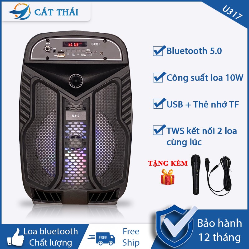 Loa bluetooth Cát Thái U317 âm thanh HIFI, tặng kèm micro karaoke, công nghệ TWS kết nối 2 loa cùng lúc, đèn LED 7 màu