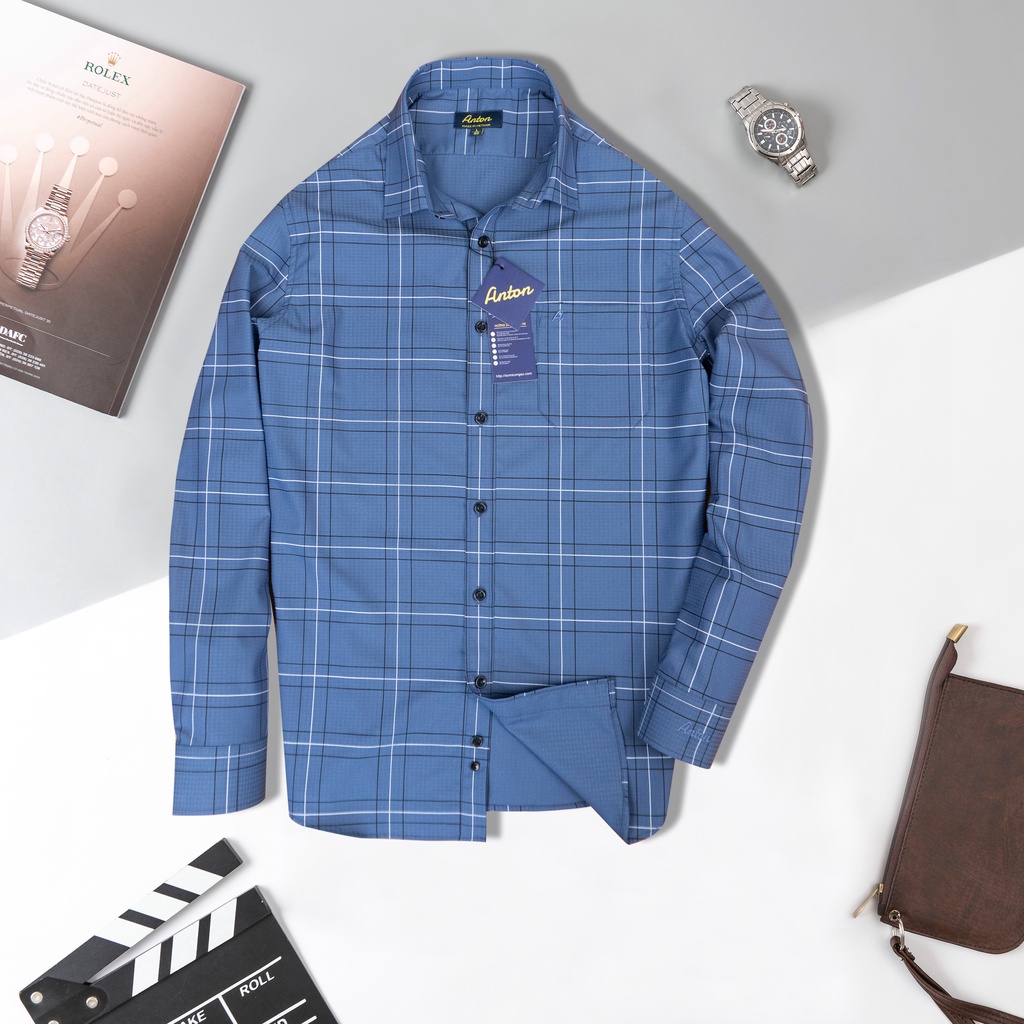 Áo Sơ Mi Nam Công Sở Trung Niên Anton Somianton Màu Xanh Kẻ Sọc Đen Trắng Dài Tay Bamboo Chun - XAC149