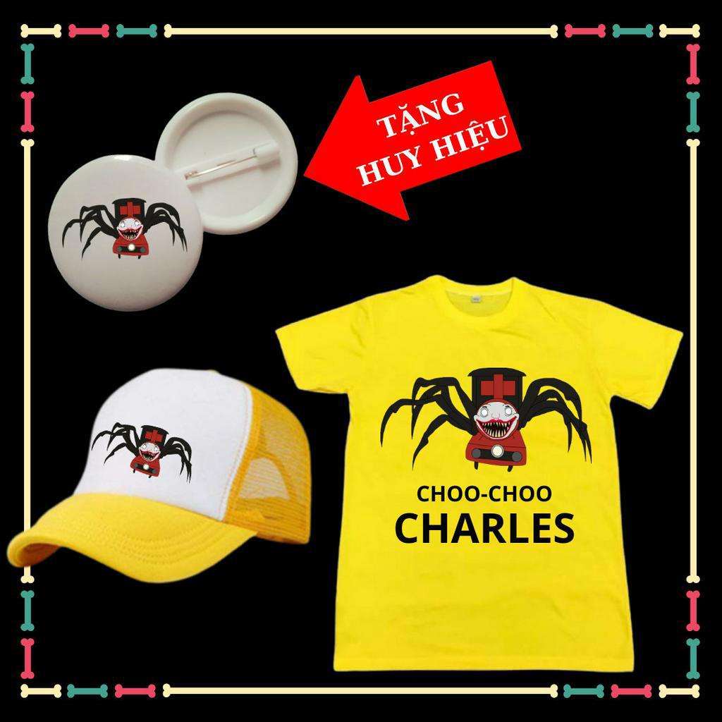 Áo thun bé trai, bé gái mẫu Choo-Choo Charles siêu ngầu, vải thun mềm mịn co giãn 4 chiều-Kèm Mũ lưỡi trai-Kèm Huy hiệu