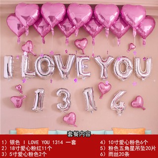 Set chữ I LOVE YOU 1314 + 19 bóng tim tông hồng bạc trang trí phòng cưới bong bóng kiếng valentine - Foil balloon