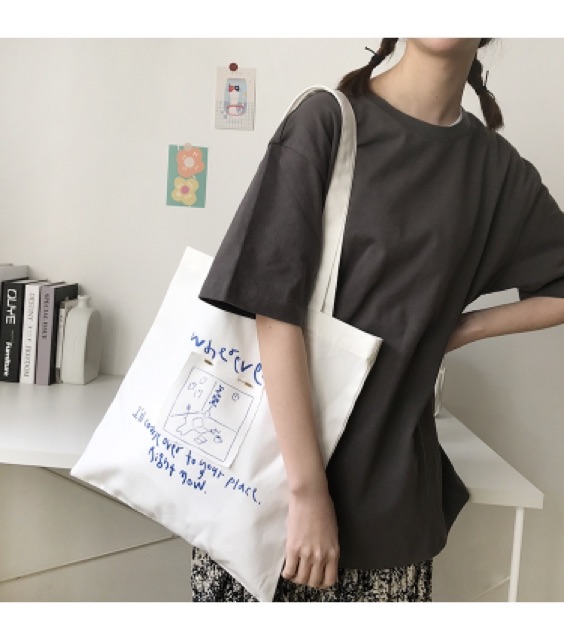 Túi vải túi tote màu trắng chữ ảnh thật