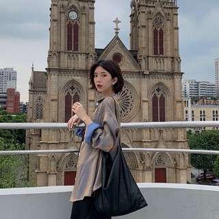 Áo sơ mi nữ tay dài form rộng màu xanh dương