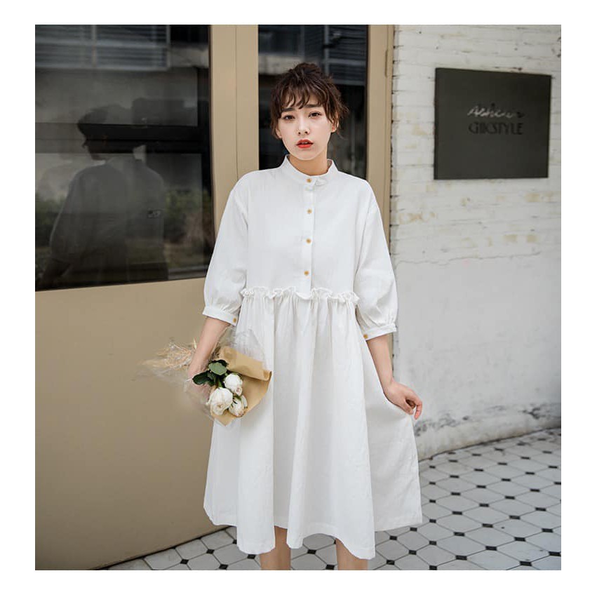 Đầm Babydoll LONA màu trắng cổ trụ tay lỡ