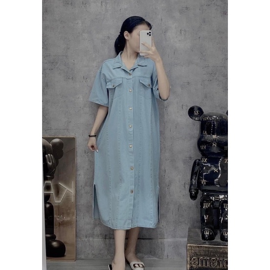 Váy bầu công sở thời trang thu đông chất liệu vải bò mặc được sau sinh cúc thật