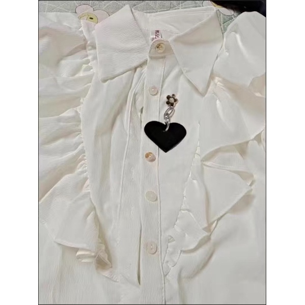 A9 Áo Sơmi Tay Bồng Bèo Kép Tim Đen Nữ Tính Học Sinh