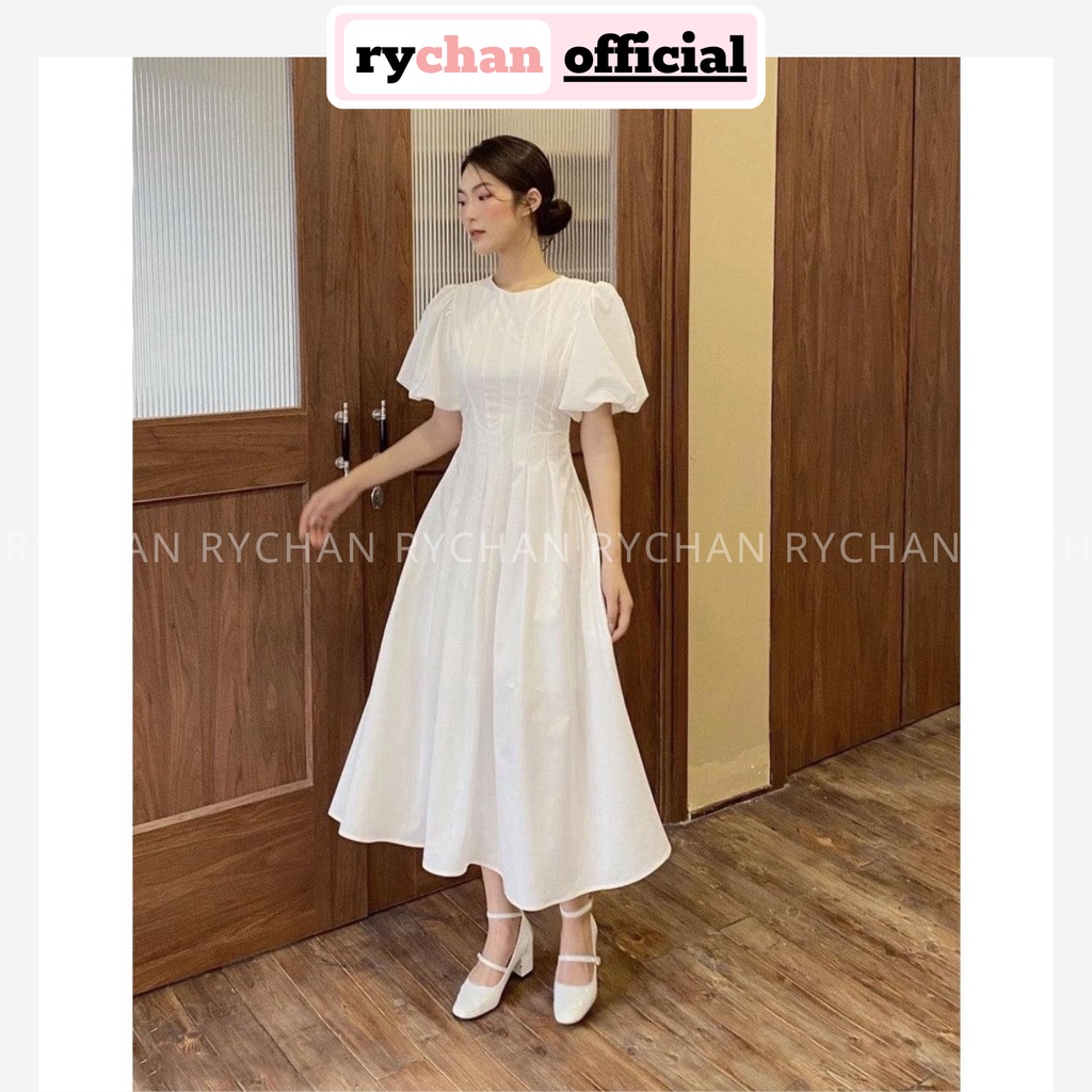 Đầm Xòe Midi Trơn Tay Phồng Chít Eo 5 Màu [Ảnh Thật Cuối] - DX0036