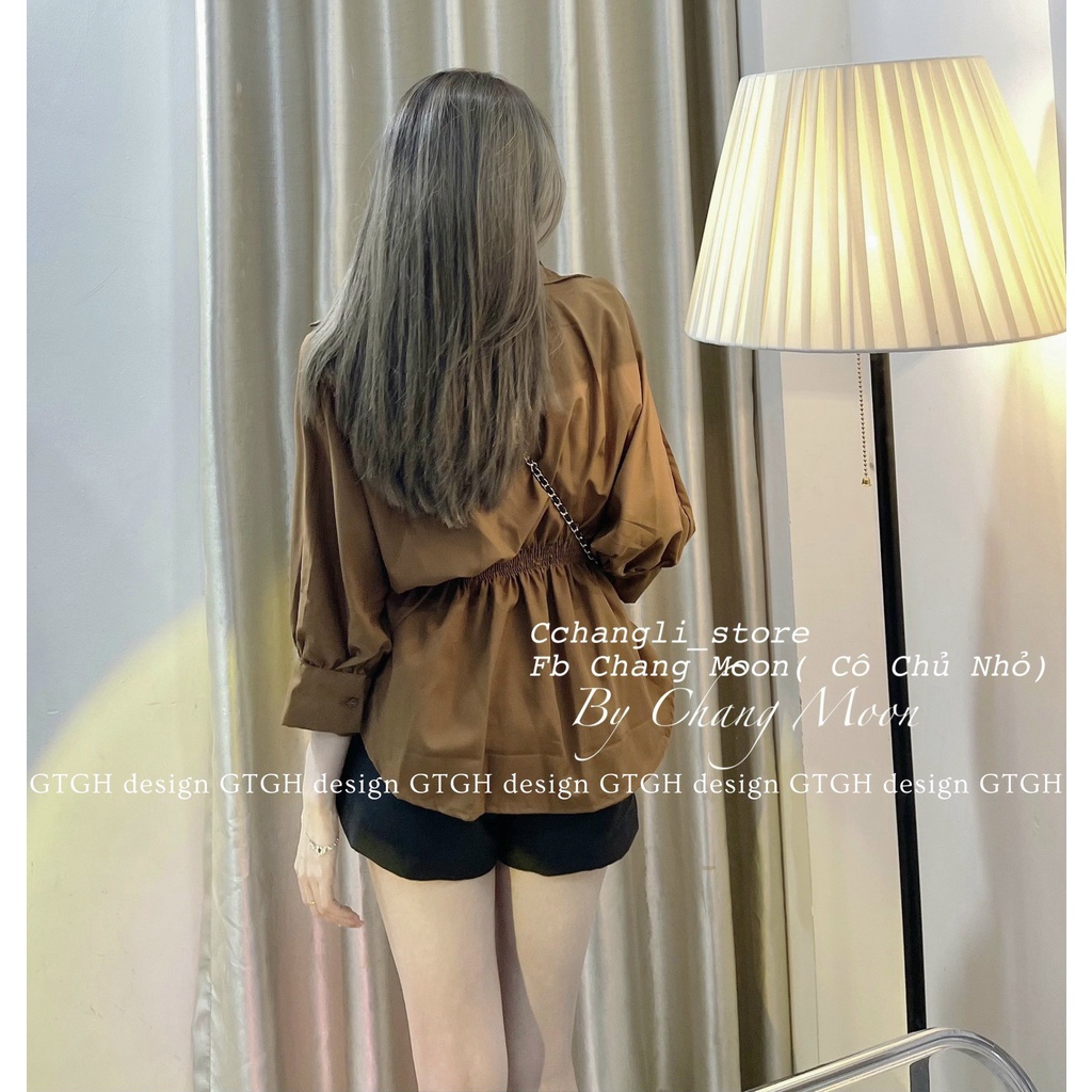 áo sơ mi nữ tay ngắn dáng lỡ nhấn eo bo tay kiểu tiểu thư
