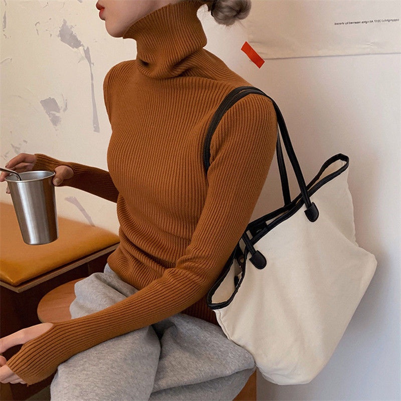 Áo sweater cổ lọ mềm mại màu trơn thời trang mùa thu cho nữ độc đáo