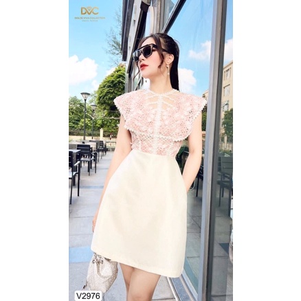 V2976 váy ren dáng chữ A màu hồng và màu be sữa