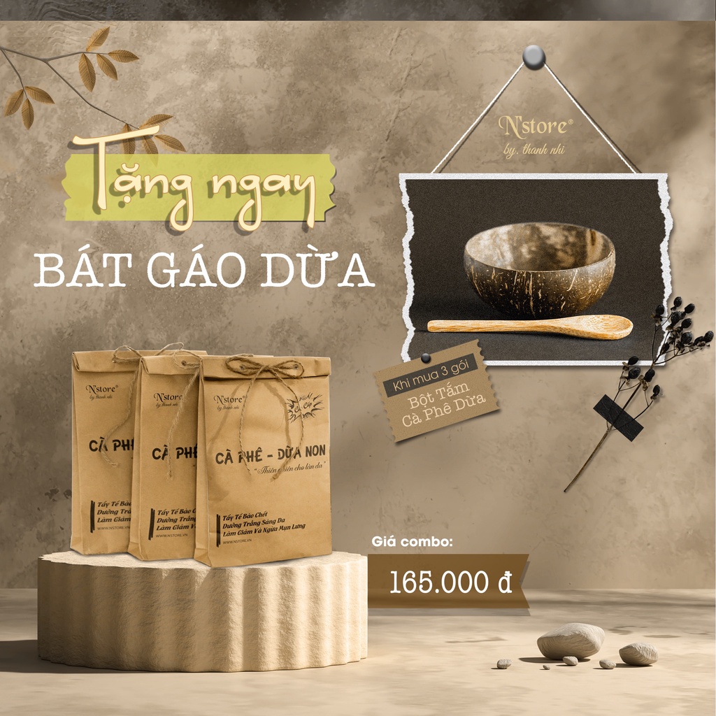 Combo 3/5 Gói Bột Cà Phê-Dừa Non 100gr tẩy da chết, giảm mụn lưng, ủ trắng body | Tặng bộ gáo dừa cao cấp