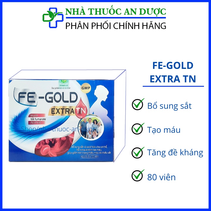 Viên uống Fe-Gold Extra TN bổ sung sắt và acid folic cho cơ thể, tạo máu, Bồi bổ sức khỏe – Hộp 80 viên
