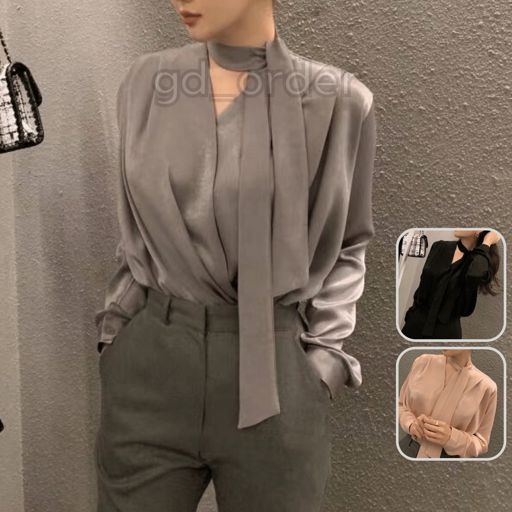 A5|Áo sơ mi nữ kiểu hàn quốc cao cấp cách điệu đẹp cổ tròn kèm dây đai cổ gd_order