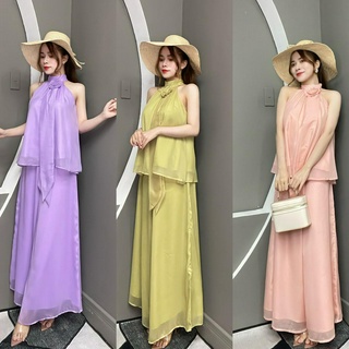 Set thiết kế phối áo cổ yếm kèm quần ống rộng t736 - thanh tự