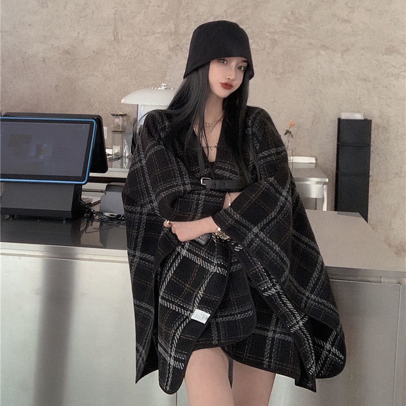 Áo choàng len kẻ sọc caro phong cách Hàn Quốc chất lượng cao cho nữ | BigBuy360 - bigbuy360.vn