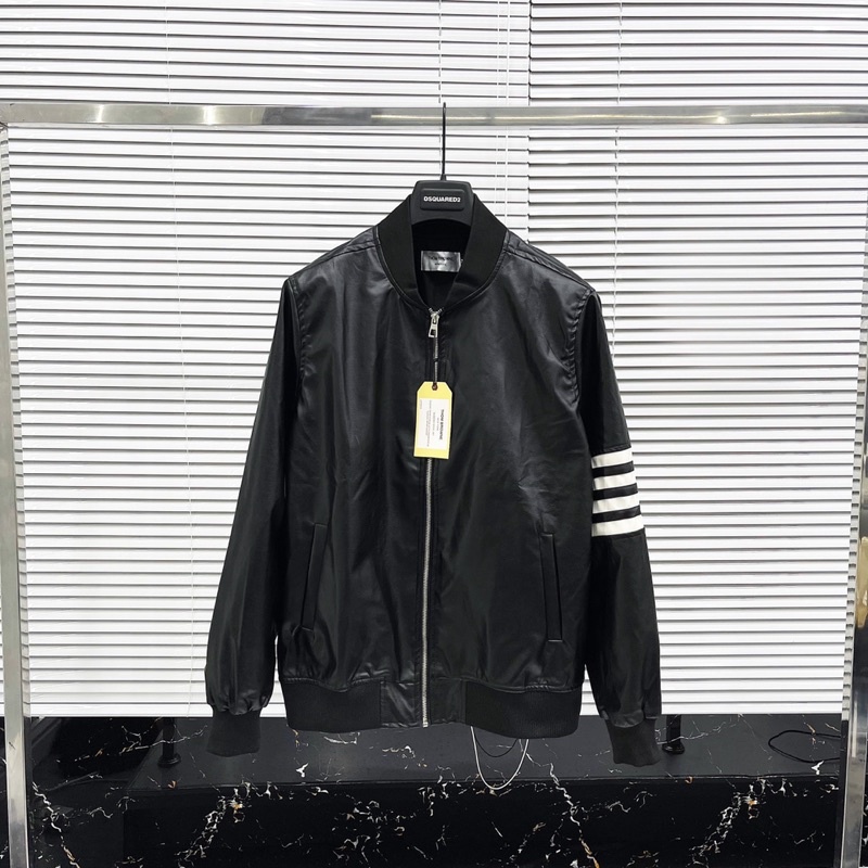 Áo khoác da nam Thom Browne bomber jacket thêu 4 sọc trắng tay lót gió bo chun dày dặn sang trọng