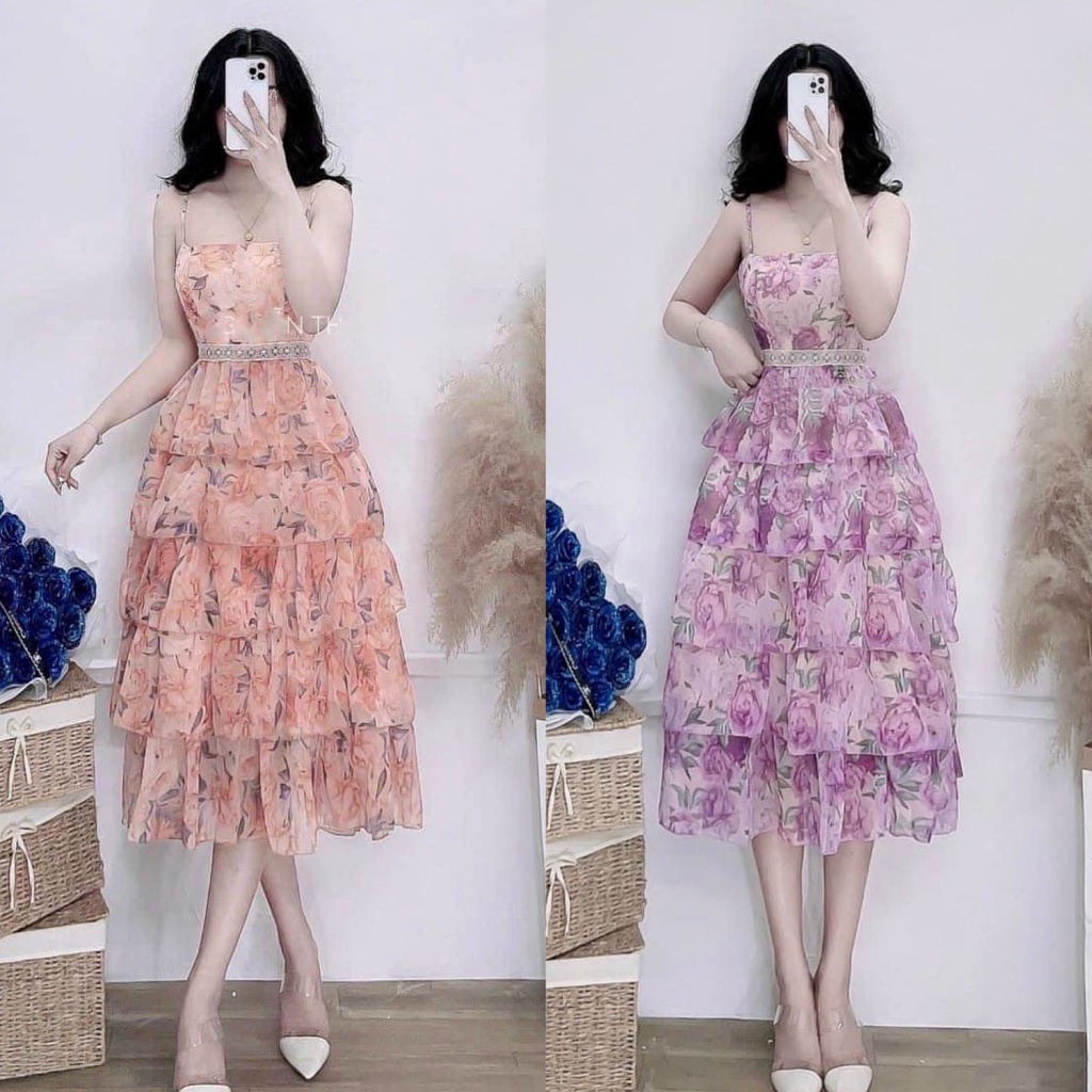 Đầm váy voan hoa kết tầng xinh xắn (Có mút ngực) giúp nàng nổi bật dạo phố, dạ tiệc