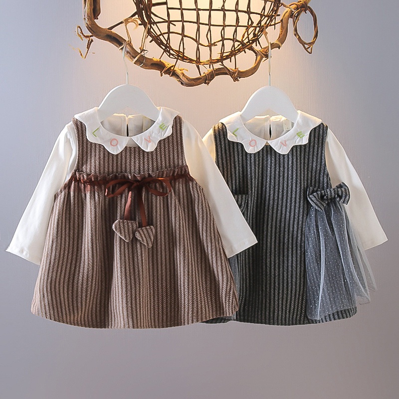 Set áo thun tay dài cổ bẻ + đầm công chúa phong cách phương Tây cho bé gái