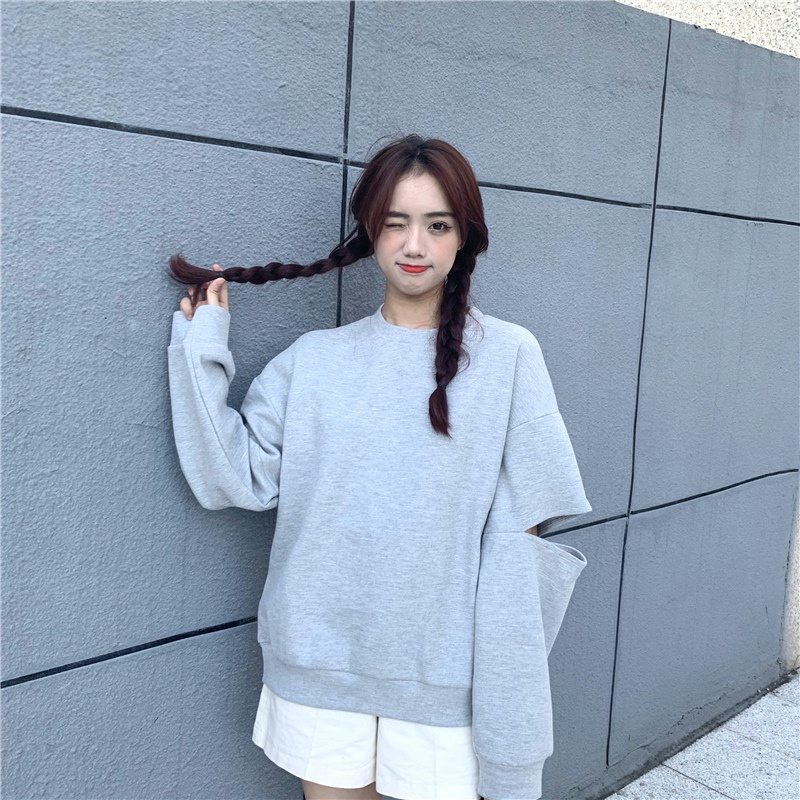 SUXI Áo Sweater Tay Dài Cổ Tròn Dáng Rộng Thiết Kế Rách Thời Trang Xuân Thu Cho Nữ