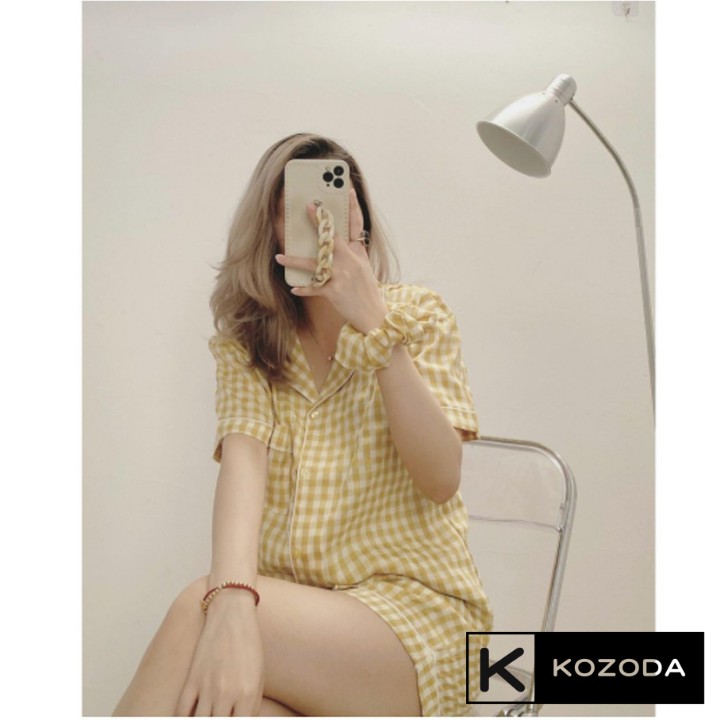 Set Pijama kẻ caro kèm scrunchies siêu xinh, Bộ đồ kẻ kèm chun buộc tóc mặc đi chơi mặc ở nhà đẹp dáng tôn da Kozoda M54 | BigBuy360 - bigbuy360.vn