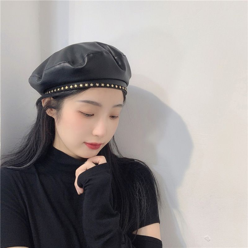 Nón Beret Da Viền Đính Ngôi Sao Cá Tính