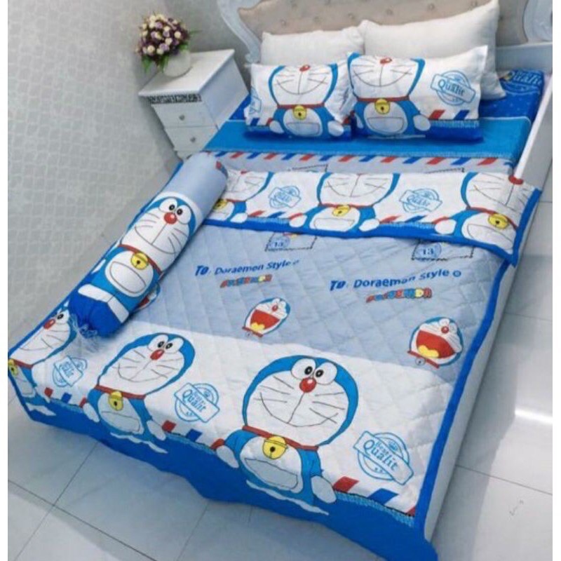 [Khuyến Mại-Chào hè]   Ga trải giường kèm chăn hè và vỏ gối ôm chất liệu poly siêu mát họa tiết lá xanh
