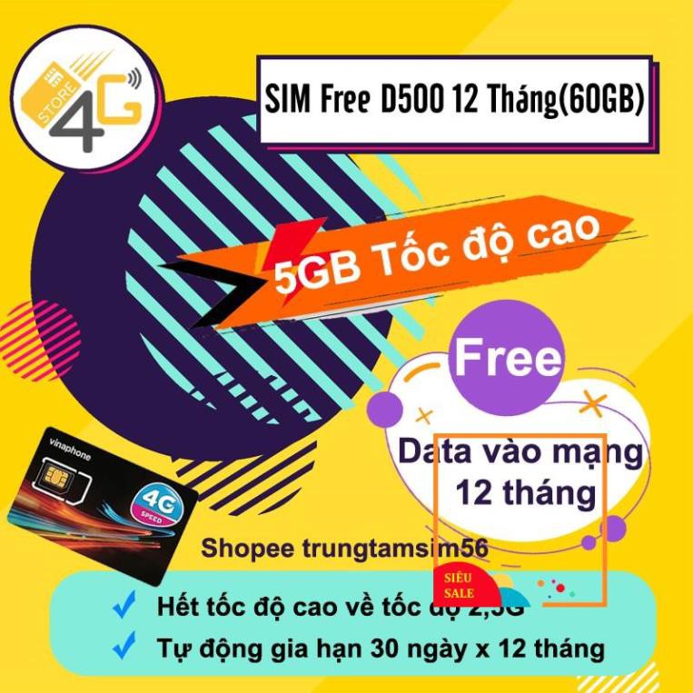 Sim Vina D500 ( Miễn phí vào mạng 12 tháng , Tốc độ 4G ) , Sim bảo hành 12 tháng , chính hãng  vinaphone .