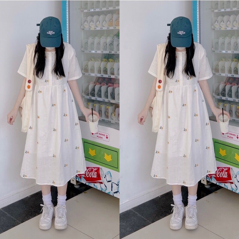 Váy Babydoll hoa cúc chất đũi thô xước/ Đầm váy dáng dài thêu hoa đũi xước thắt eo