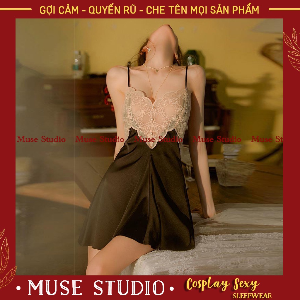 váy ngủ sexy, đầm ngủ hai dây sexy ngực phối voan ren nổi vải satin cao cấp siêu gợi cảm - MUSE STUDIO MS006