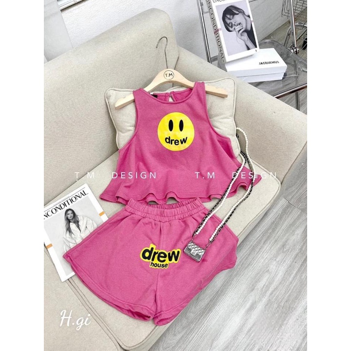 Bộ hè bé gái, bộ áo ba lỗ chất cotton mặt cười Drew cho bé size 15-30kg
